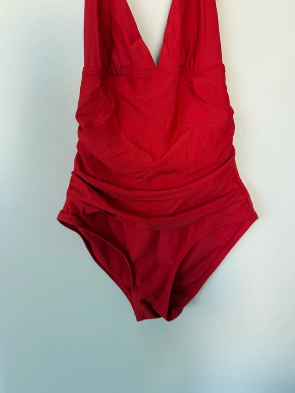 DKNY Women's Triangle Halter One Piece Red Swimsuit Rouched Front - Picture 6 of 13